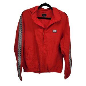 Obey worldwide mens small red light weight full zip Hooded windbreaker